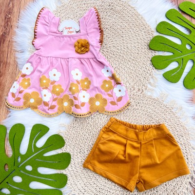 Conj. Batinha com Flores e Short - Rose e Caramelo